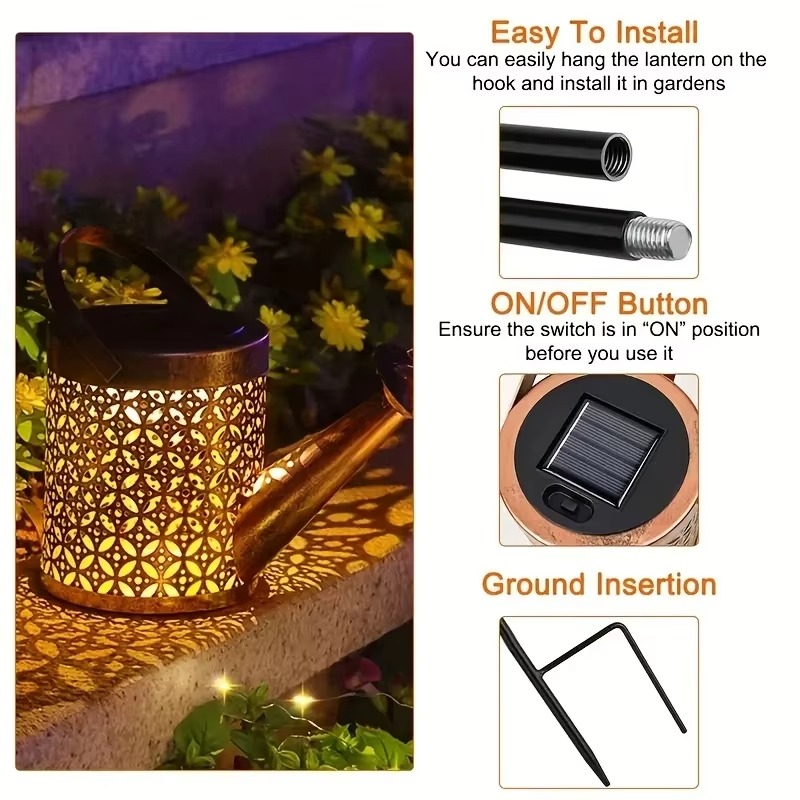 Solar Watering Can Lights Outdoor, Large Metal Hanging Lantern with Cascading Lights, Waterproof Retro Garden Decor for Yard Patio Pathway, Gift for Mom