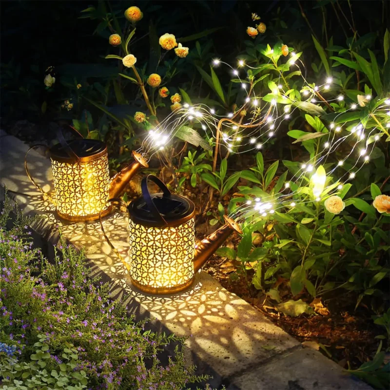 Solar Watering Can Lights Outdoor, Large Metal Hanging Lantern with Cascading Lights, Waterproof Retro Garden Decor for Yard Patio Pathway, Gift for Mom
