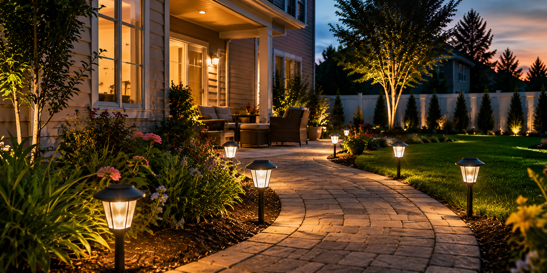 Beautiful solar lights in garden at dusk