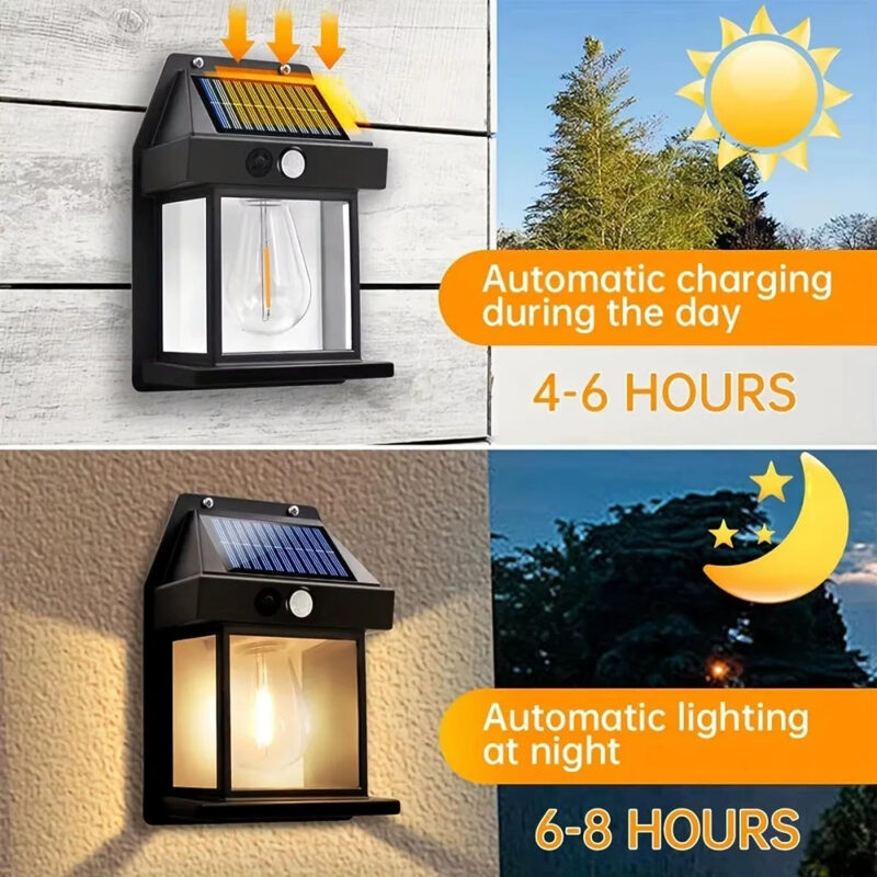 Solar Wall Lights Outdoor Motion Sensor, Waterproof Dusk to Dawn Porch Light 3 Modes Warm White Lantern for Garage Front Door Yard Garden