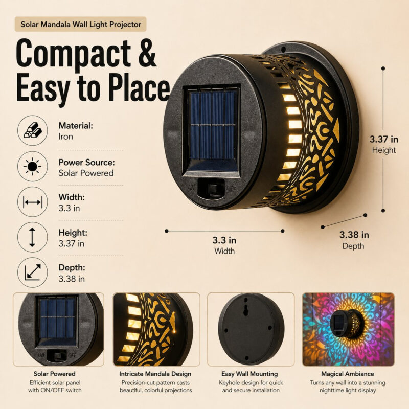 Solar Mandala Projection Wall Light, Decorative Outdoor LED Light Waterproof, Color Changing Mandala Solar Fence Light for Yard Garden Patio Backyard