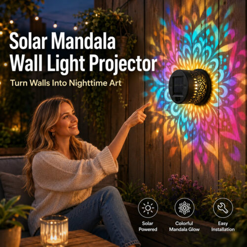 Solar Mandala Projection Wall Light, Decorative Outdoor LED Light Waterproof, Color Changing Mandala Solar Fence Light for Yard Garden Patio Backyard