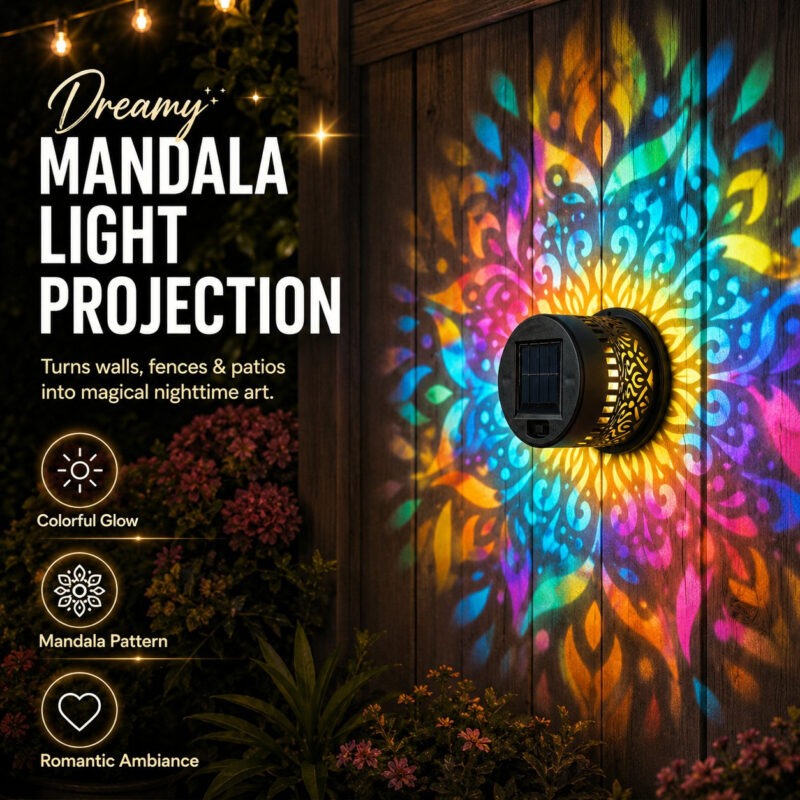 Solar Mandala Projection Wall Light, Decorative Outdoor LED Light Waterproof, Color Changing Mandala Solar Fence Light for Yard Garden Patio Backyard