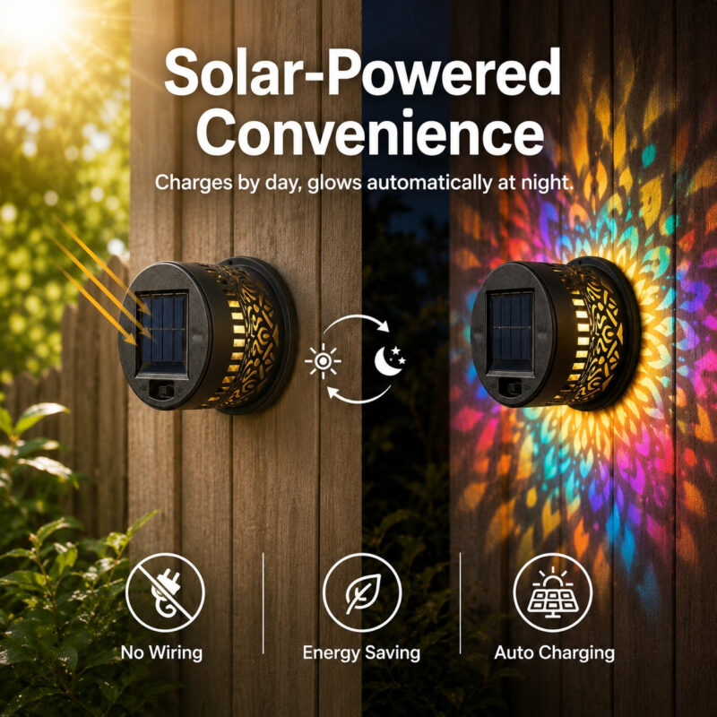 Solar Mandala Projection Wall Light, Decorative Outdoor LED Light Waterproof, Color Changing Mandala Solar Fence Light for Yard Garden Patio Backyard