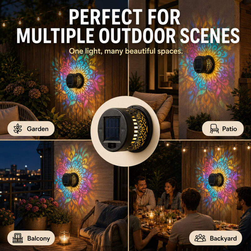 Solar Mandala Projection Wall Light, Decorative Outdoor LED Light Waterproof, Color Changing Mandala Solar Fence Light for Yard Garden Patio Backyard