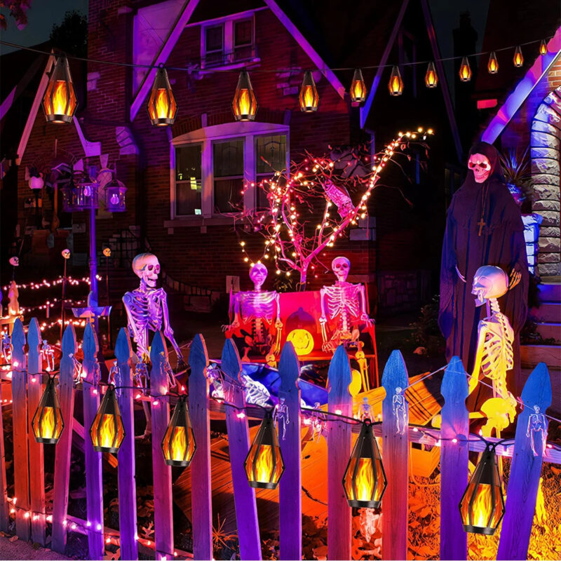 Solar Flame String Lights Outdoor, Flickering Flame Bulbs Waterproof Warm White Solar Powered Patio Lights for Garden Yard Halloween Party