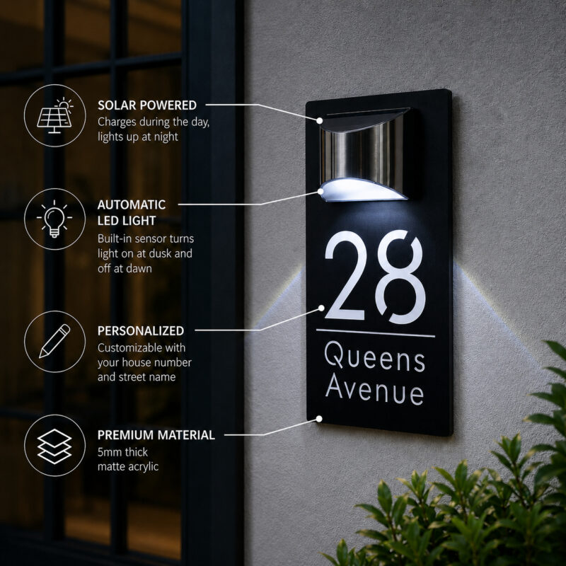 Solar Address Sign, Custom Lighted House Numbers for Outside, LED Illuminated Personalized Address Plaque Waterproof, Door Number Wall Mounted