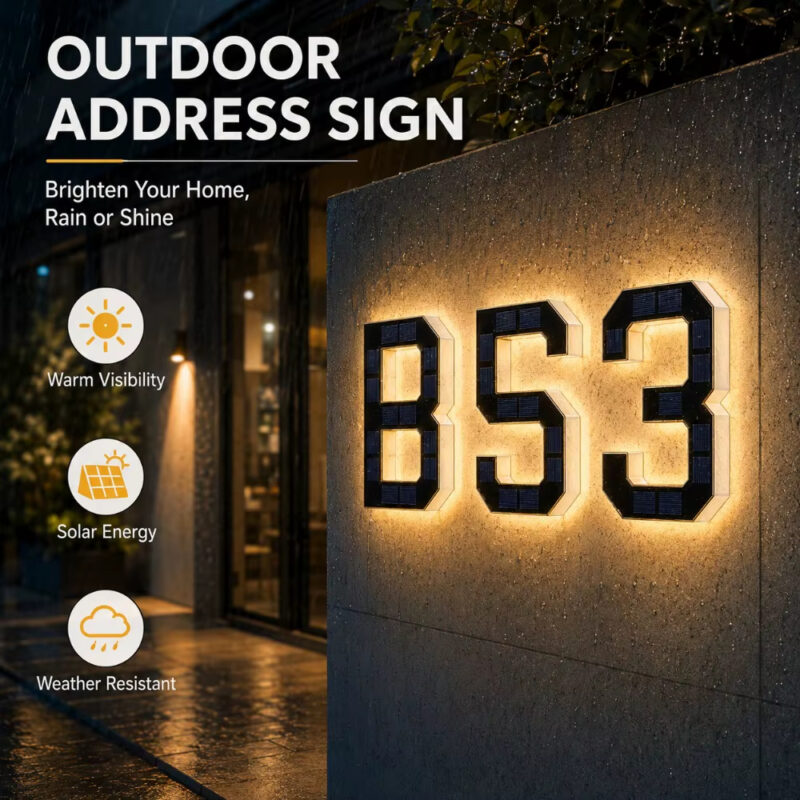 Solar Lighted House Numbers for Outside, LED Illuminated Address Sign Waterproof, Solar Powered House Number Plaque Wall Mounted Outdoor
