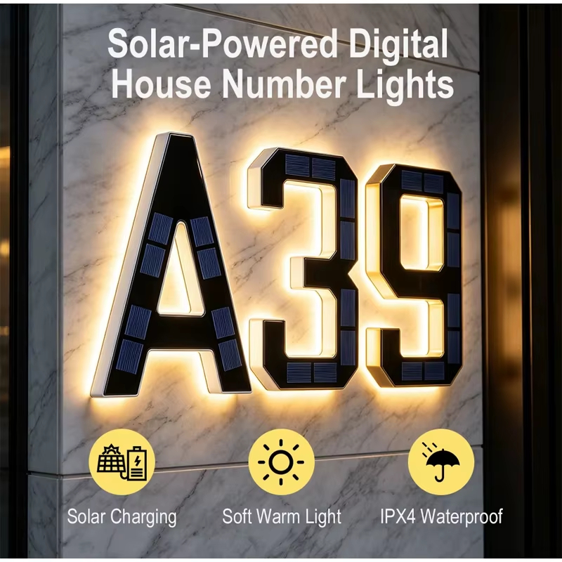 Solar Lighted House Numbers for Outside, LED Illuminated Address Sign Waterproof, Solar Powered House Number Plaque Wall Mounted Outdoor