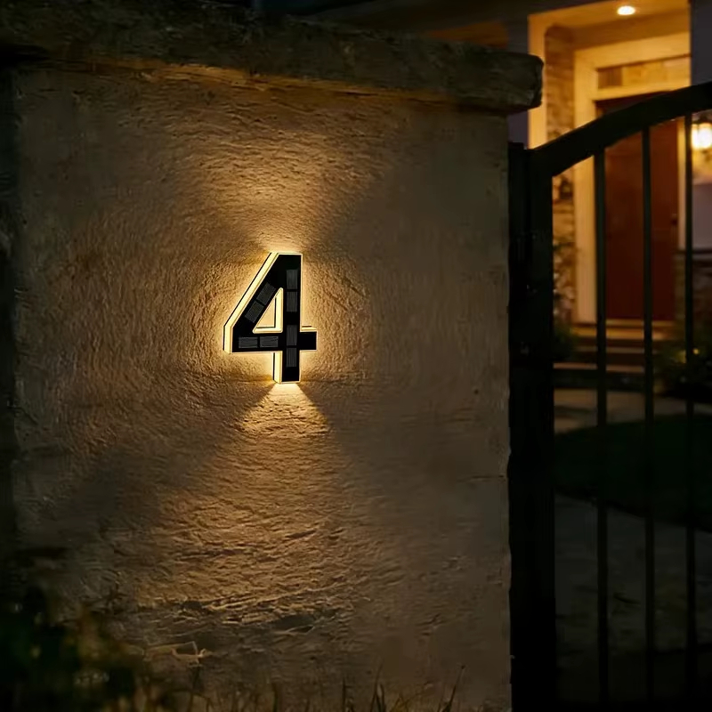 Solar Lighted House Numbers for Outside, LED Illuminated Address Sign Waterproof, Solar Powered House Number Plaque Wall Mounted Outdoor