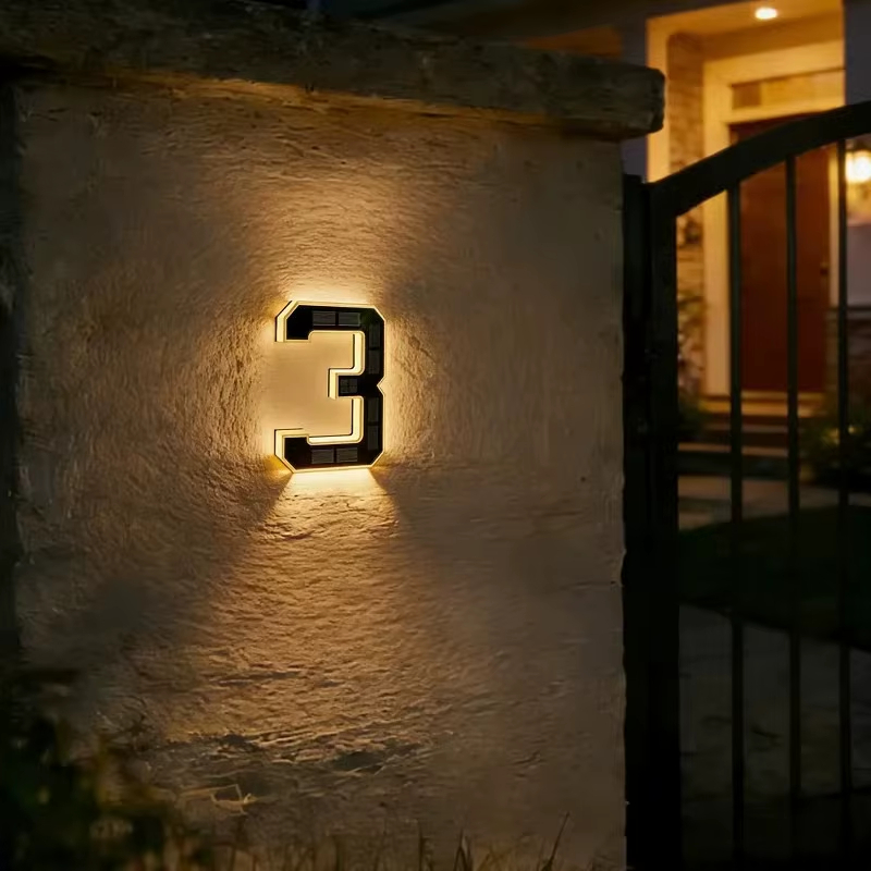 Solar Lighted House Numbers for Outside, LED Illuminated Address Sign Waterproof, Solar Powered House Number Plaque Wall Mounted Outdoor