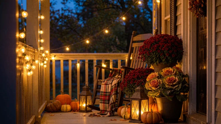 Fall Porch Refresh: Warm Lanterns, Mums, and One String of Lights